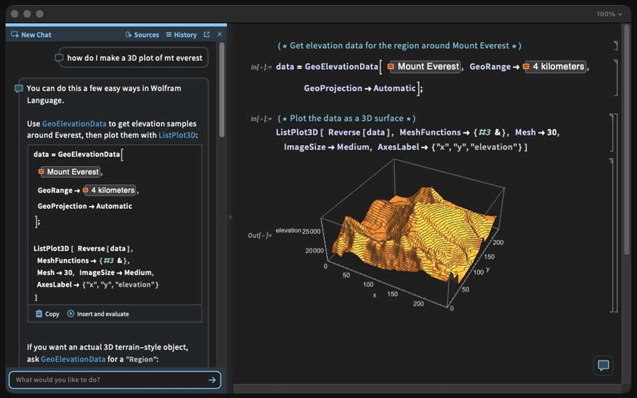 Wolfram AI Assistant interface showing a user asking how to create a 3D plot of Mount Everest, with generated Wolfram Language code using GeoElevationData and ListPlot3D and a resulting 3D elevation plot.