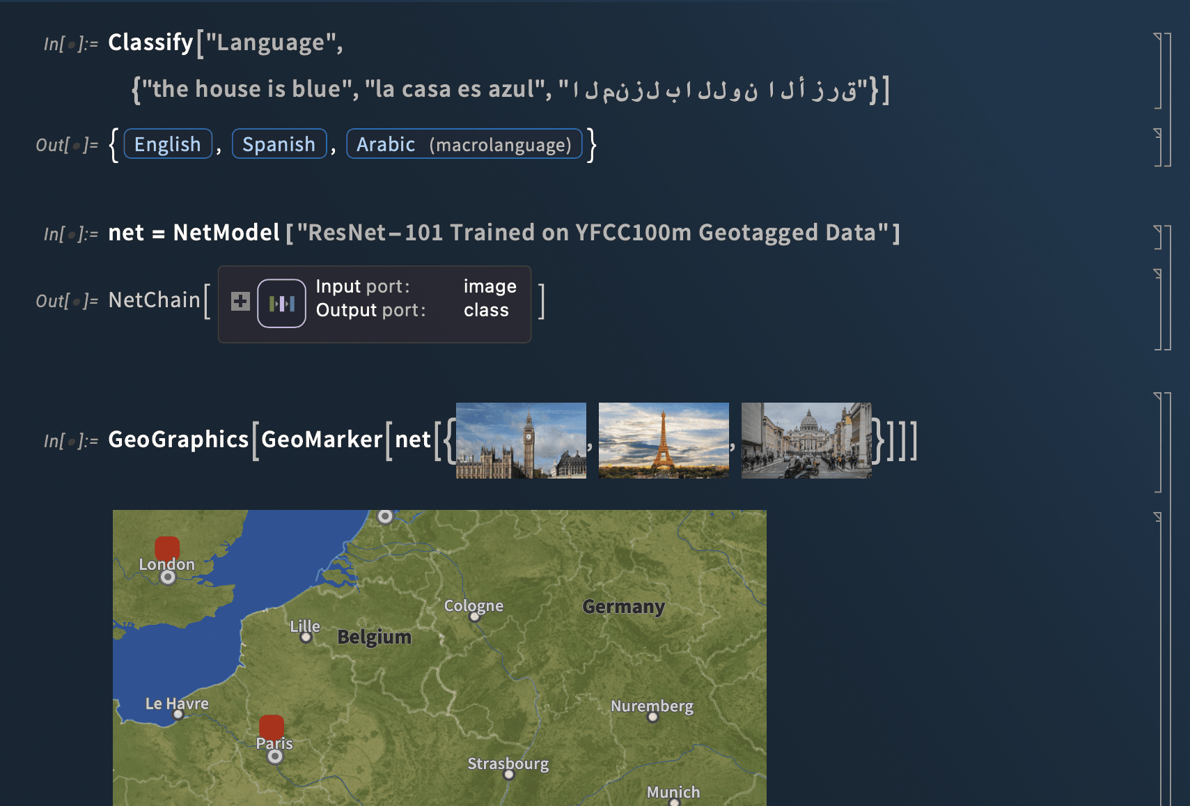 Wolfram Language code demonstrating AI-assisted image classification and geographic visualization, with a neural-network classifier applied to an image and the results displayed on a map.