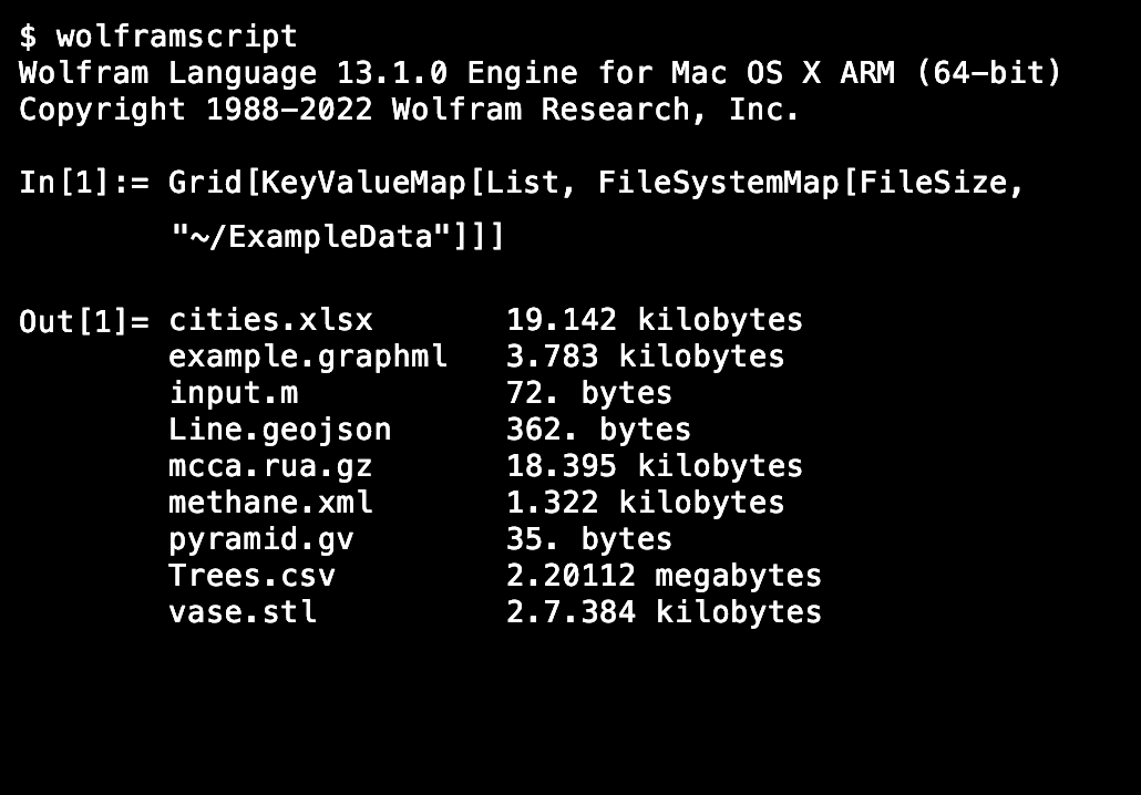 Terminal window showing Wolfram Language code executed via wolframscript command line