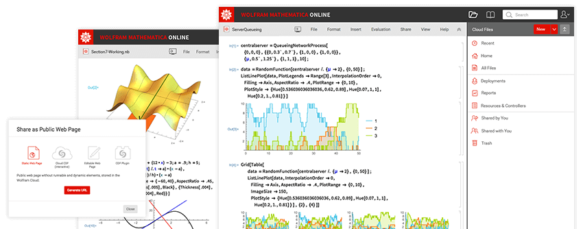 Mathematica Online notebook open in a web browser, showing computation and output in the cloud