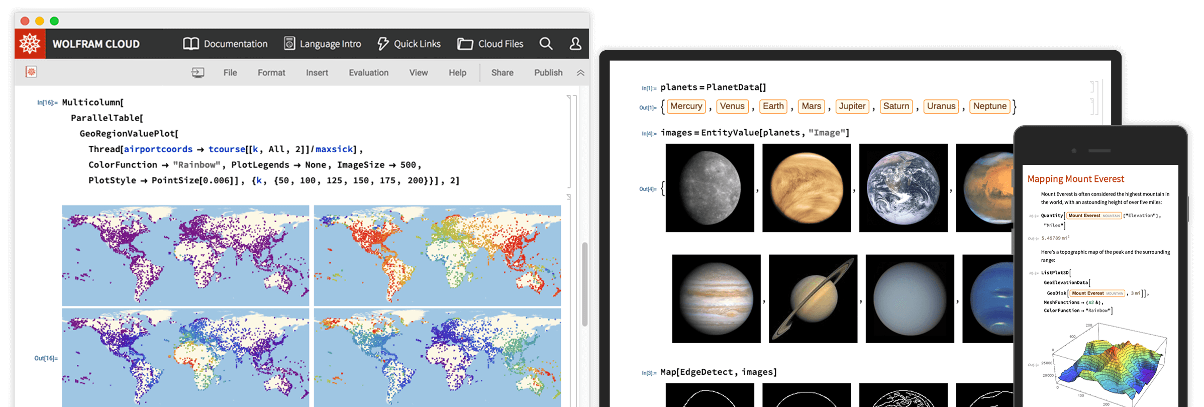 Wolfram Notebook open on a desktop, showing code, output and an AI chat assistant panel