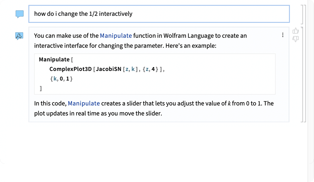 Wolfram Notebook showing AI Assistant output with code explanation