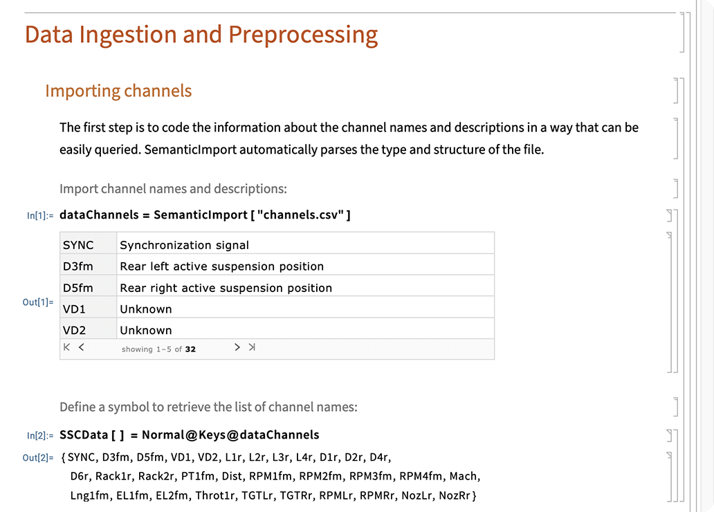 Wolfram Notebook slides demonstrating structured data import and cell bracket document structure