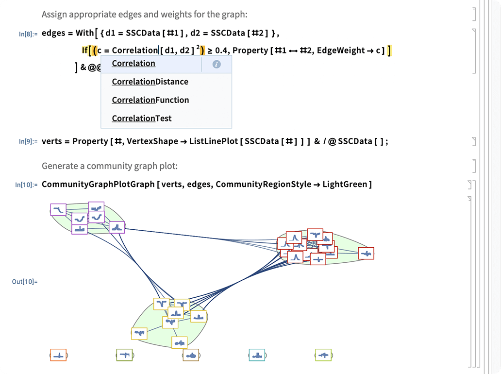 Wolfram Notebook slides showing one-click online publishing and code captions with translated function names